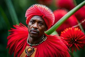 uma homem dentro vermelho roupas com uma vermelho cocar. gerado por IA foto