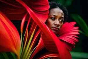 uma mulher é cercado de vermelho flores gerado por IA foto