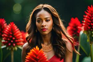 uma lindo mulher dentro uma vermelho vestir cercado de vermelho flores gerado por IA foto