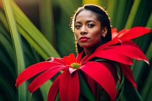 uma lindo mulher com vermelho flores dentro dela mãos. gerado por IA foto