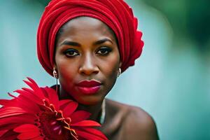 uma lindo mulher com uma vermelho cabeça embrulho e uma flor. gerado por IA foto