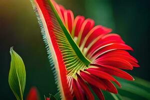 uma fechar acima do uma vermelho flor com verde folhas. gerado por IA foto