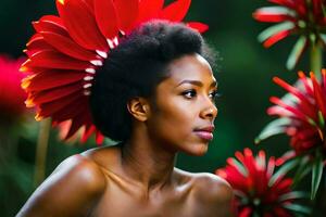 lindo africano mulher com vermelho flores dentro dela cabelo. gerado por IA foto