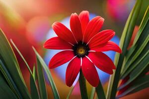 uma vermelho flor é dentro a Centro do uma verde plantar. gerado por IA foto