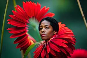 uma mulher com vermelho flores dentro dela cabelo. gerado por IA foto