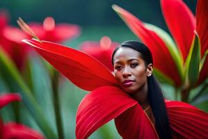 uma lindo mulher com grandes cabelo e vermelho flores gerado por IA foto