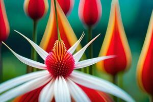 uma fechar acima do uma flor com vermelho e branco pétalas. gerado por IA foto