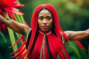 uma mulher com vermelho cabelo e uma flor dentro dela mão. gerado por IA foto