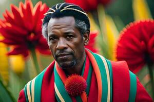 uma homem com tranças em pé dentro frente do flores gerado por IA foto