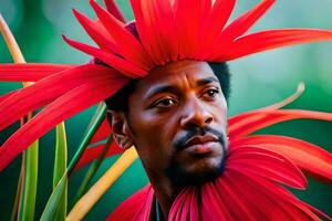 uma homem com vermelho flores em dele cabeça. gerado por IA foto