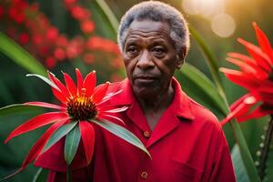 a Mais velho homem dentro uma vermelho camisa segurando uma flor. gerado por IA foto