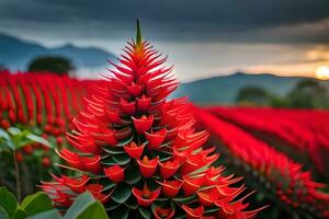 uma vermelho flor carrinhos dentro a meio do uma campo. gerado por IA foto