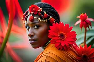 uma lindo mulher com vermelho flores dentro dela cabelo. gerado por IA foto