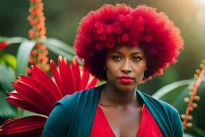 uma mulher com vermelho cabelo e a afro. gerado por IA foto
