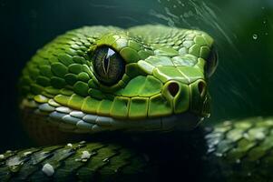 fechar acima tiro do verde venenoso serpente ai generativo foto