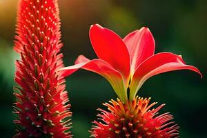 uma vermelho flor é em pé dentro frente do uma verde plantar. gerado por IA foto