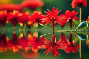 vermelho flores estão refletido dentro a água. gerado por IA foto