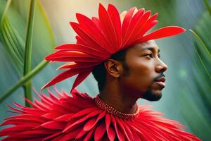 uma homem vestindo uma vermelho pena cocar e uma vermelho flor. gerado por IA foto