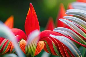 uma fechar acima do uma vermelho flor com branco e laranja pétalas. gerado por IA foto