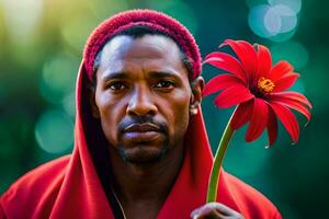 uma homem dentro uma vermelho moletom com capuz segurando uma flor. gerado por IA foto