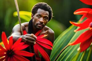 uma homem com tranças é segurando uma vermelho flor. gerado por IA foto