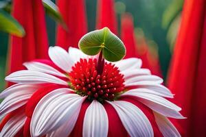 uma vermelho e branco flor com uma verde Centro. gerado por IA foto