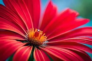 uma fechar acima do uma vermelho flor com uma amarelo Centro. gerado por IA foto