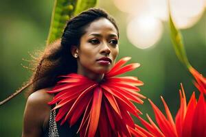 uma lindo mulher com vermelho flores dentro dela cabelo. gerado por IA foto