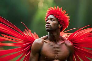 uma homem com vermelho penas em dele cabeça. gerado por IA foto