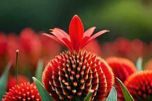 uma vermelho flor é crescendo em topo do uma verde plantar. gerado por IA foto