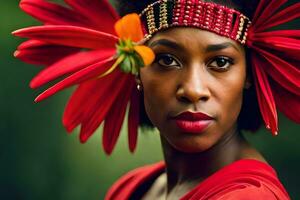 lindo africano mulher com vermelho flor cocar. gerado por IA foto