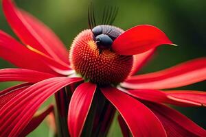 uma besouro em uma vermelho flor. gerado por IA foto