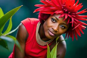 uma mulher com vermelho cabelo e uma flor dentro dela cabelo. gerado por IA foto