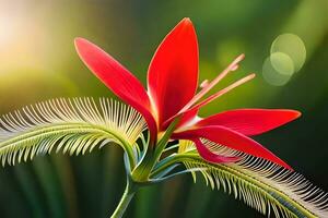 uma vermelho flor é mostrando dentro a luz solar. gerado por IA foto