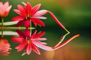 dois vermelho flores estão refletido dentro a água. gerado por IA foto