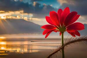 uma vermelho flor carrinhos dentro frente do uma lago às pôr do sol. gerado por IA foto