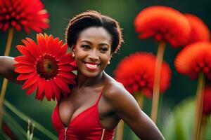 uma mulher dentro uma vermelho vestir segurando uma flor. gerado por IA foto