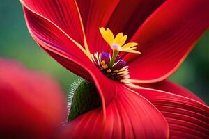 uma fechar acima do uma vermelho flor com uma amarelo Centro. gerado por IA foto