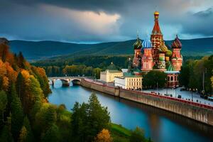 a lindo catedral do st manjericão dentro Moscou, Rússia. gerado por IA foto