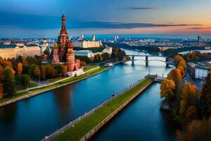 a kremlin e a Moscou rio às pôr do sol. gerado por IA foto