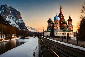 a lindo catedral do st manjericão dentro Moscou, Rússia. gerado por IA foto