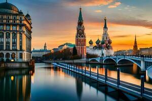 Moscou, Rússia, pôr do sol, kremlin, kreml ponte, kreml. gerado por IA foto