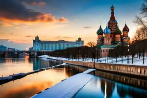 a kremlin e a Moscou rio às pôr do sol. gerado por IA foto