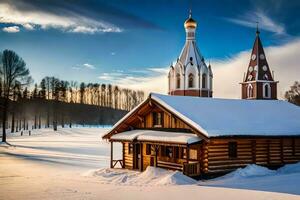 uma Igreja dentro a neve com uma campanário. gerado por IA foto