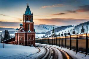 uma Igreja torre e uma estrada dentro a neve. gerado por IA foto