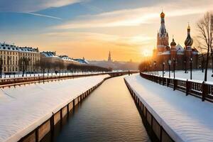 a Sol sobe sobre a kremlin e a rio dentro Moscou, Rússia. gerado por IA foto