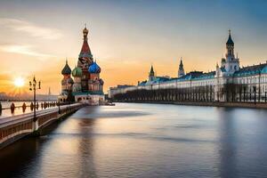 a kremlin e a Moscou rio às pôr do sol. gerado por IA foto