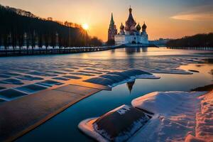 a Sol conjuntos sobre Moscou kremlin e a kremlin rio. gerado por IA foto