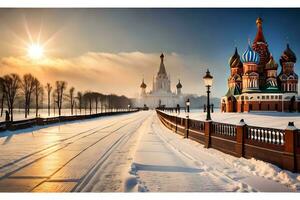 a Sol brilha em a vermelho quadrado dentro Moscou. gerado por IA foto