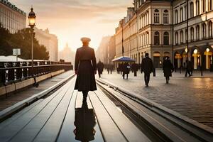 uma mulher dentro uma Preto casaco é caminhando baixa uma rua. gerado por IA foto